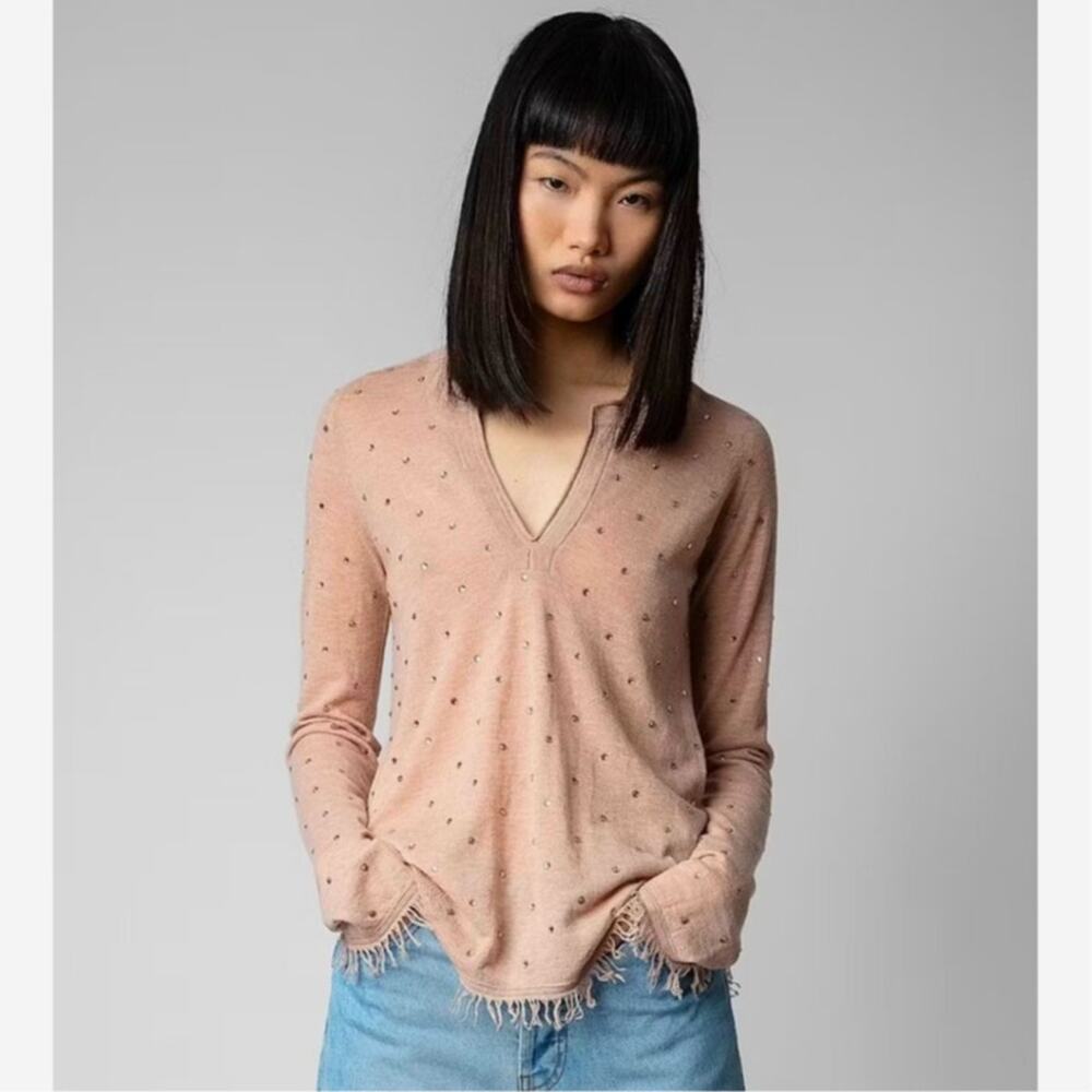 Zadig & Voltaire Riviera Rhinestone Cashmere Sweater Blush Size M - Picture 6 of 16